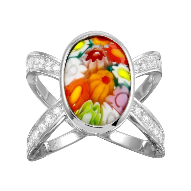 Ladies rings bold silhouette rings-Rhodium Plated 925 Sterling Silver Open Shank Oval Shape Murano Glass CZ Ring - MR00006