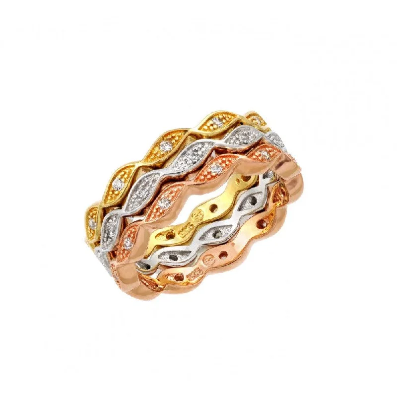 Ladies rings contemporary bold styles-Silver 925 Rhodium Rose Gold and Gold Plated 3 Tone Stackable Eternity Ring Set - BGR00920