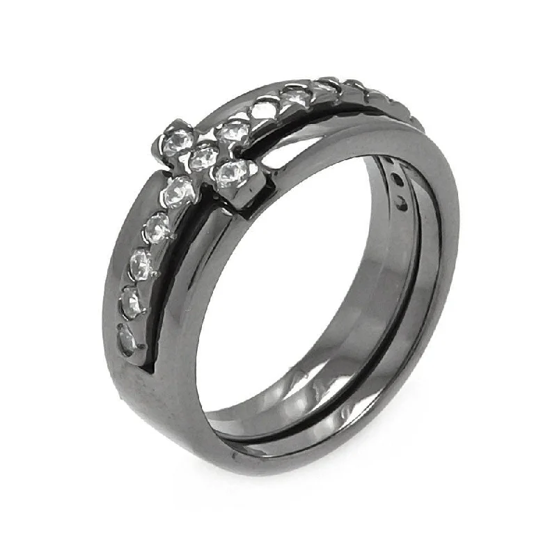 Ladies rings top jewelry brands-Silver 925 Black Rhodium Plated Clear CZ Cross Ring - BGR00527