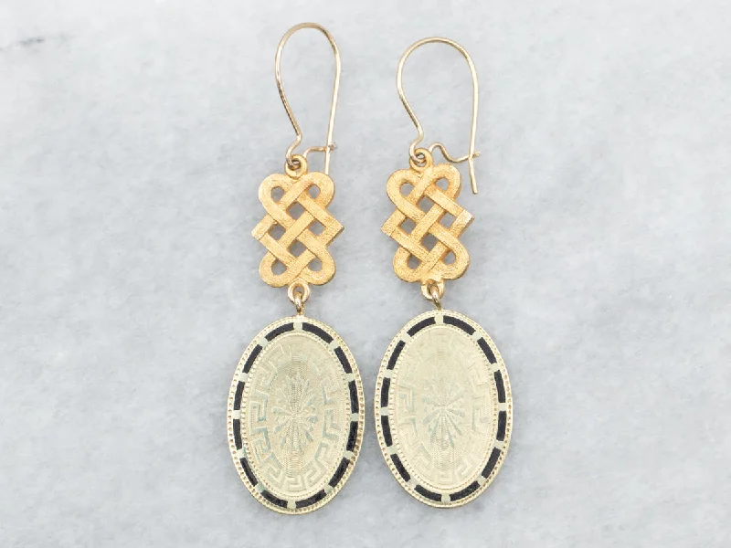 Ladies earrings romantic era designs-Yellow Gold Black Enamel Oval Drop Earrings with Celtic Knot