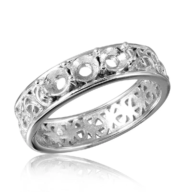 Ladies rings trillion cut designs-Silver 925 Rhodium Plated Celtic Designed Band 3 Stones Mounting Ring - BGR00829