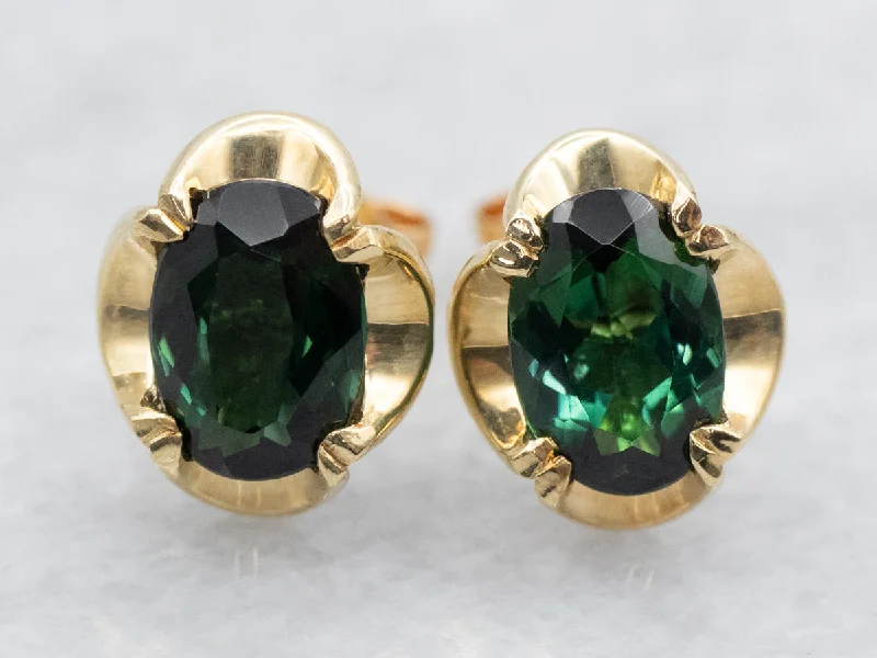 Ladies earrings rotating gem designs-Yellow Gold Green Tourmaline Stud Earrings