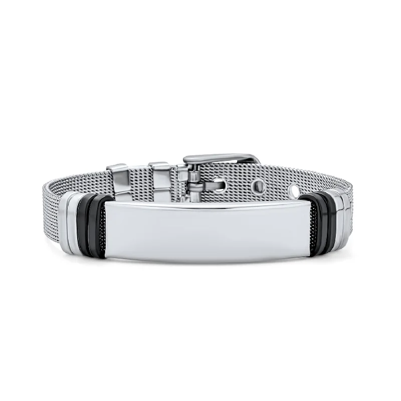 ladies bracelet elegant-Silver Tone Stainless Steel ID Bracelet for Men with Mesh Band and Name Tag