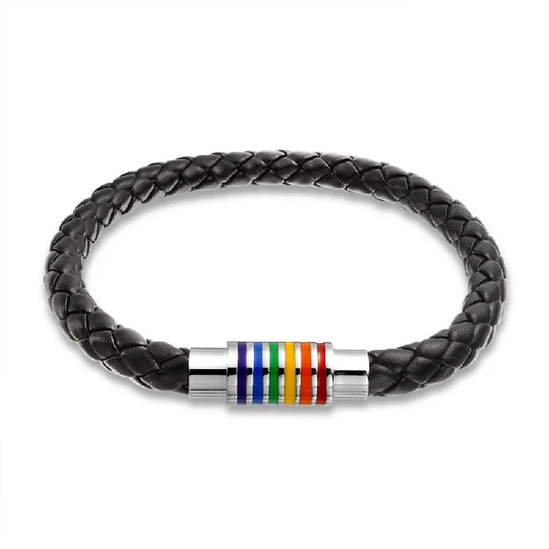 ladies bracelet feather gold-Striped Rainbow Flag Black Braided Leather LGBTQ Bracelet with Stainless Clasp