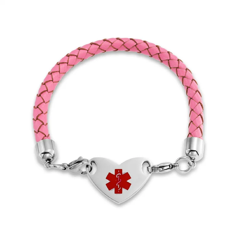 ladies bracelet bar silver-Pink Braided Leather Medical ID Bracelet with Stainless Steel Clasp