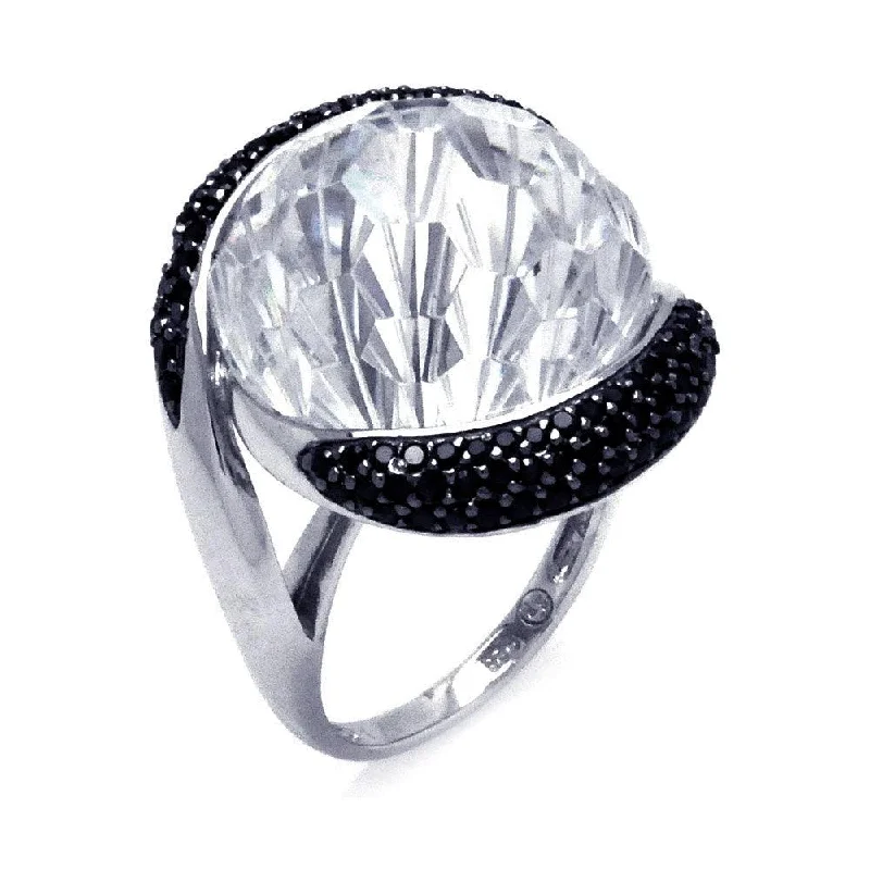 Ladies rings textured band designs-Clearance-Silver 925 Rhodium and Black Rhodium Plated 2 Toned Black and Large Clear Center CZ Ring - BGR00292