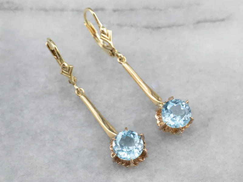 Ladies earrings Korean fashion designs-Gold Blue Topaz Drop Earrings