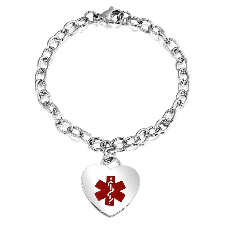 ladies bracelet flower silver-Link Chain Red Medical ID Bracelet with Heart Tag Silver Tone 7-7.5 Inch