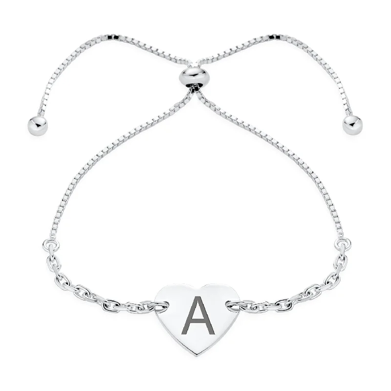 ladies bracelet twisted silver-Script or Block Letter A-Z Initial Monogram Heart ID Bracelet Sterling Silver