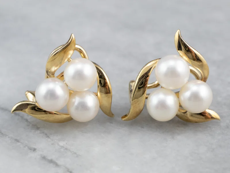 Ladies earrings lab-created gem styles-Gold Cultured Pearl Cluster Earrings