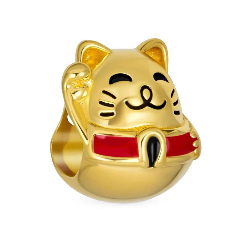 ladies bracelet casual-Yellow Maneki Neko Lucky Cat Charm Bead 14K Gold Plated Fits European Bracelet