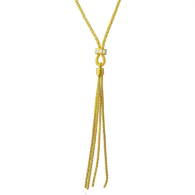 Ladies rings girlfriend surprise picks-Gold Plated 925 Sterling Silver Tassel Drop Necklace with Connected CZ Ring Knot - ARN00033GP