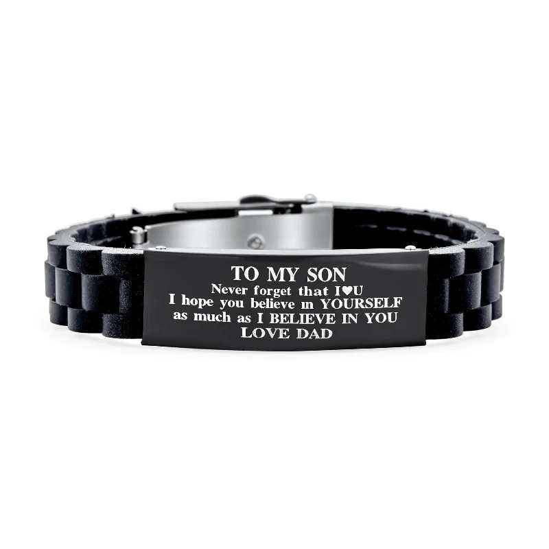 ladies bracelet gift-To My Son Courage Inspirational ID Bracelet for Grandson Black Silicone Wristband