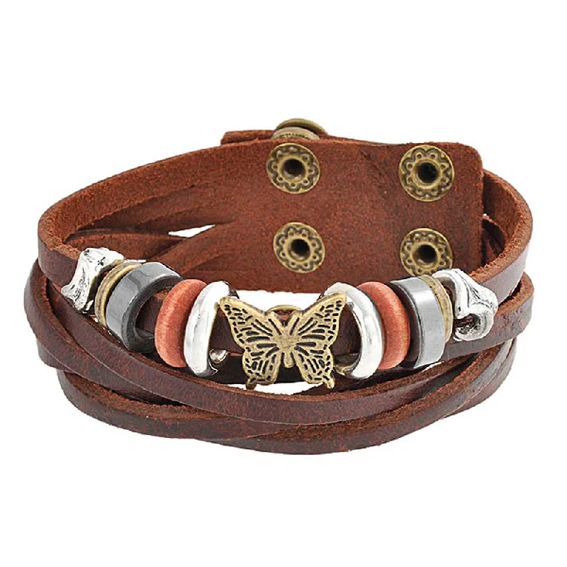 ladies bracelet ethical-Wide Butterfly Charm Brown Multi Strand Wrap Bracelet with Gold Tone Snaps