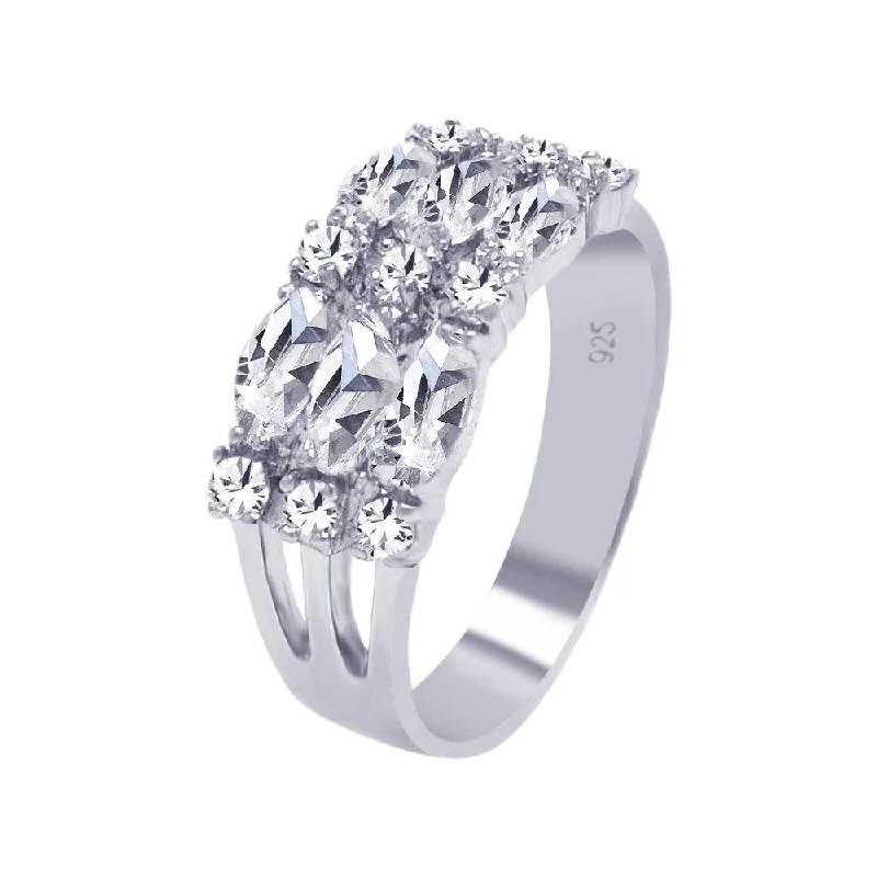 Ladies rings architectural style rings-Silver 925 Rhodium Plated Round Marquise CZ 3 Row Ring - AAR0018