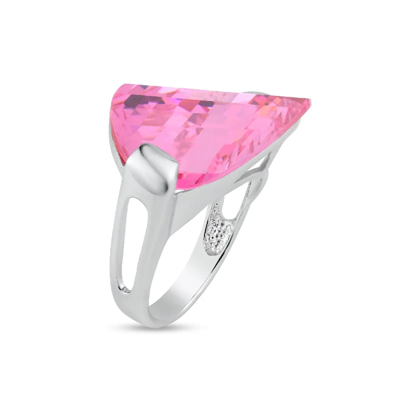 Ladies rings pure silver styles-Silver 925 Rhodium Plated Big Pink CZ Ring - BGR00027