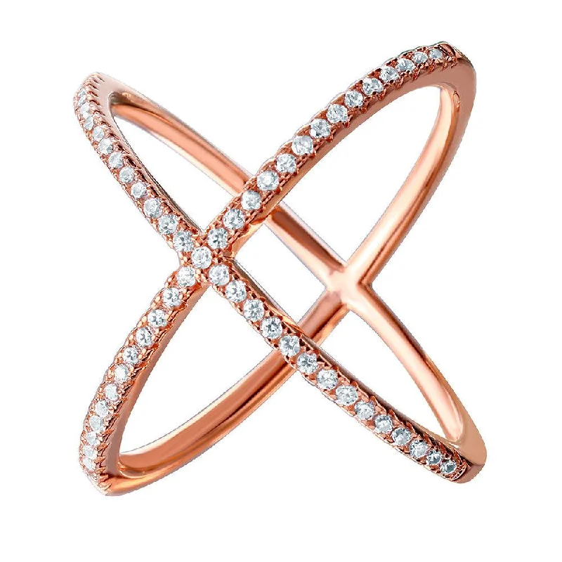 Ladies rings subtle beauty designs-Silver 925 Nickel Free Rose Gold Plated 4 Way CZ Cross Ring - GMR00039RGP