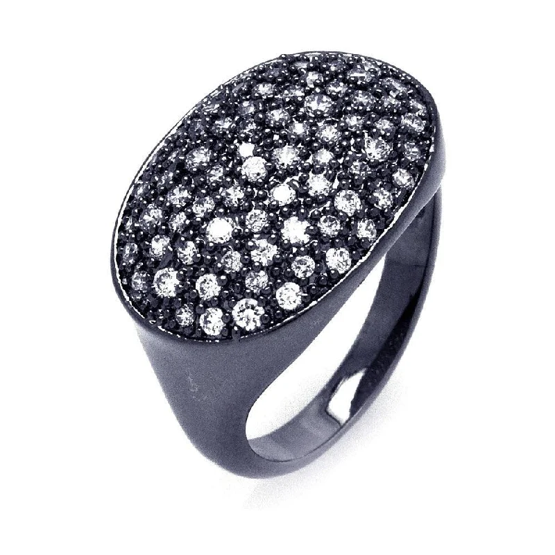 Ladies rings delicate thin bands-Silver 925 Black Rhodium Plated Pave Set Clear CZ Oval Ring - BGR00331