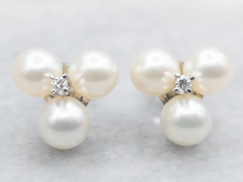 Ladies earrings multi-tier styles-Saltwater Pearl and Diamond Cluster Stud Earrings