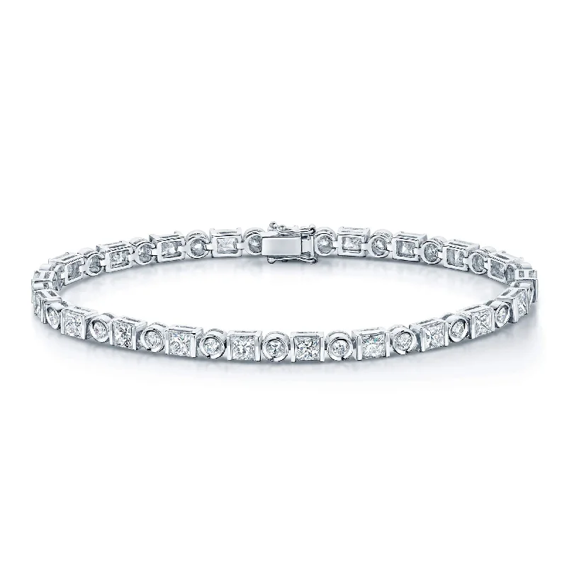 ladies bracelet modern-18ct White Gold Princess & Round Brilliant Cut Diamond Rub Over Bracelet