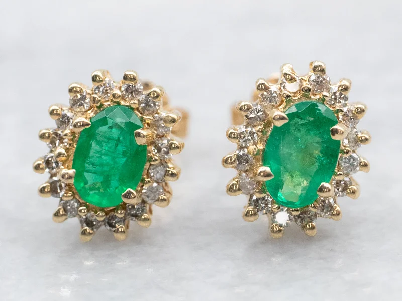 Ladies earrings collectible jewelry items-Emerald and Diamond Halo Stud Earrings