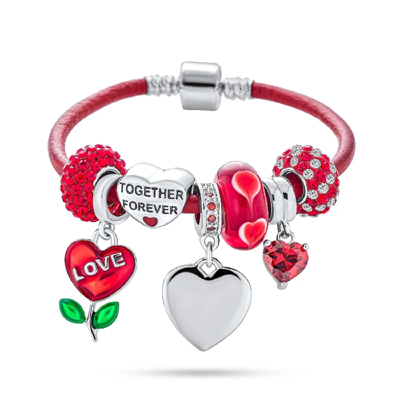 ladies bracelet curved-Initials Love Heart Charm Bracelet with Genuine Red Leather and Sterling Silver Clasp