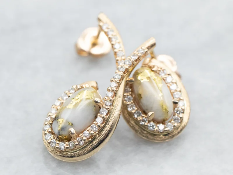 Ladies earrings white diamond styles-Yellow Gold Oval Cut White Quartz with Gold Veining and Diamond Earrings