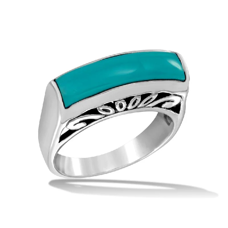 Ladies rings sapphire stone designs-High Polished 925 Sterling Silver Rectangular Turquoise Stone Ring - CR00727