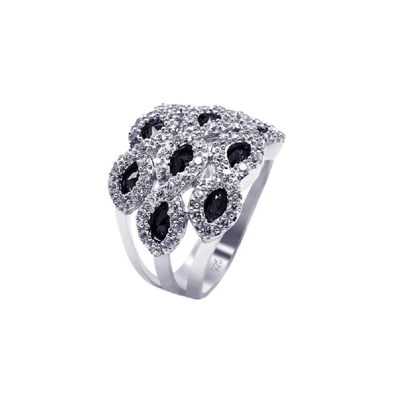 Ladies rings luxurious bold designs-Silver 925 Rhodium Plated Clear and Black Marquise CZ Cigar Band Ring - AAR0068