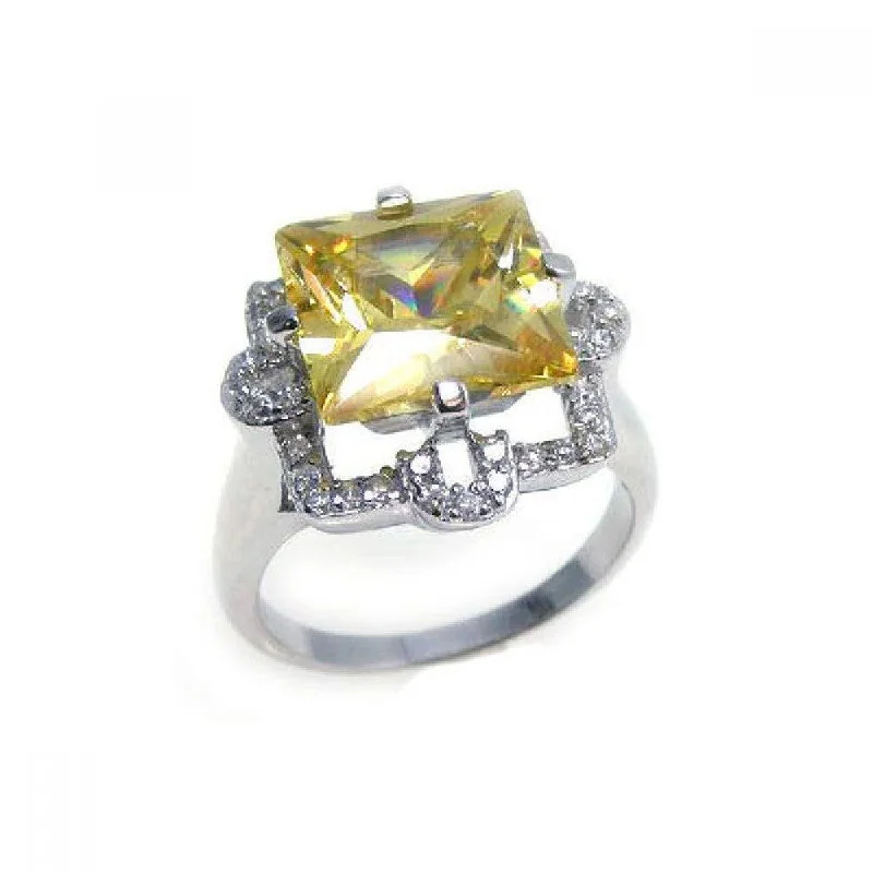 Ladies rings jade decorative pieces-Silver 925 Rhodium Plated Yellow Princess Cut Center and Clear CZ Ring - STR00539