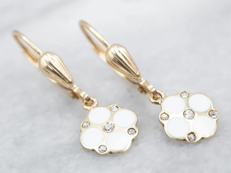 Ladies earrings openwork pattern styles-Sweet Yellow Gold White Enamel and Diamond Flower Drop Earrings