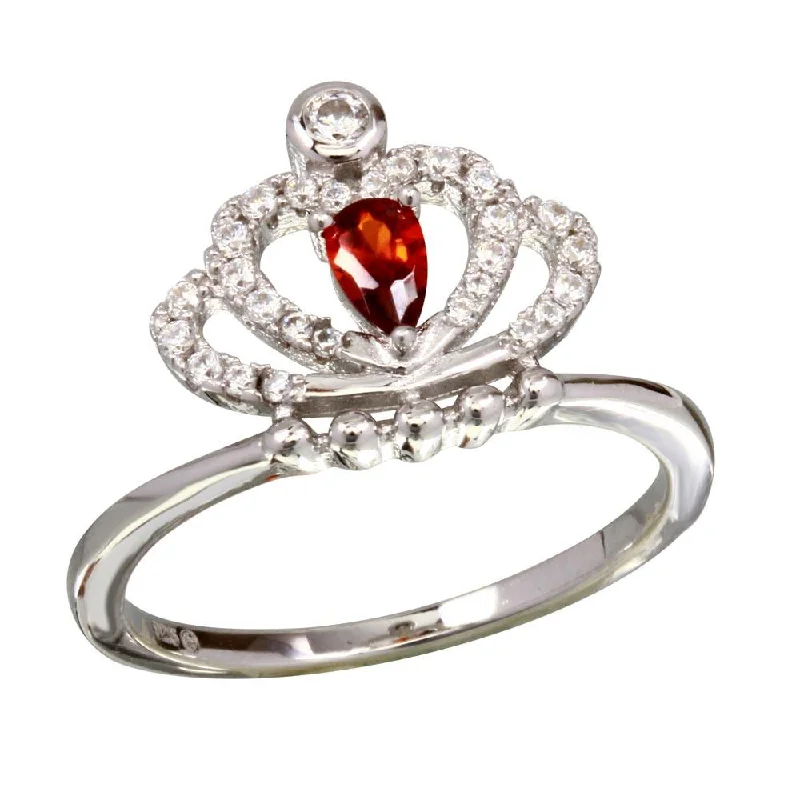 Ladies rings sunken gem designs-Rhodium Plated 925 Sterling Silver Red CZ Crown Ring - BGR01169RED