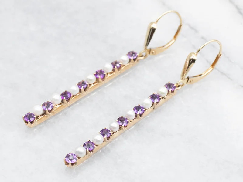 Ladies earrings rotating gem designs-Amethyst and Pearl Bar Drop Earrings