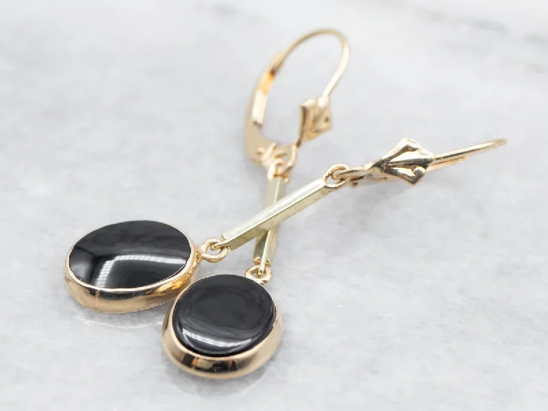 Ladies earrings soft touch styles-Black Onyx Bar Drop Earrings