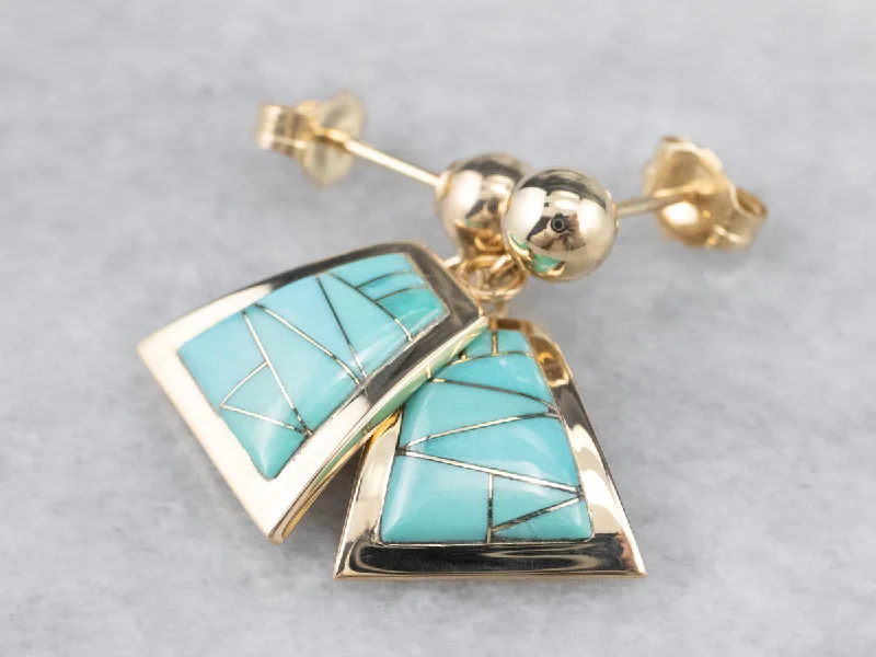 Ladies earrings emerald cut earrings-Turquoise Intarsia Drop Earrings in Yellow Gold