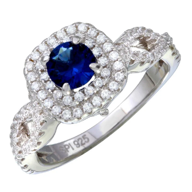 Ladies rings ethnic pattern designs-Rhodium Plated 925 Sterling Silver  Blue and Clear CZ Ring - STR01090