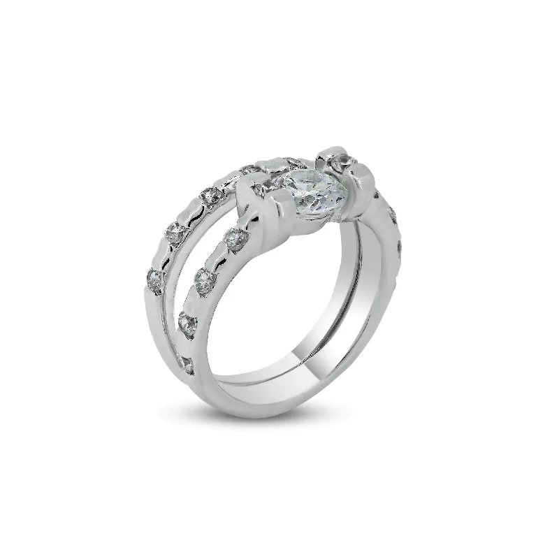 Ladies rings cyberpunk style rings-Rhodium Plated 925 Sterling Silver Clear Center CZ Bridal Ring Set - BGR00403