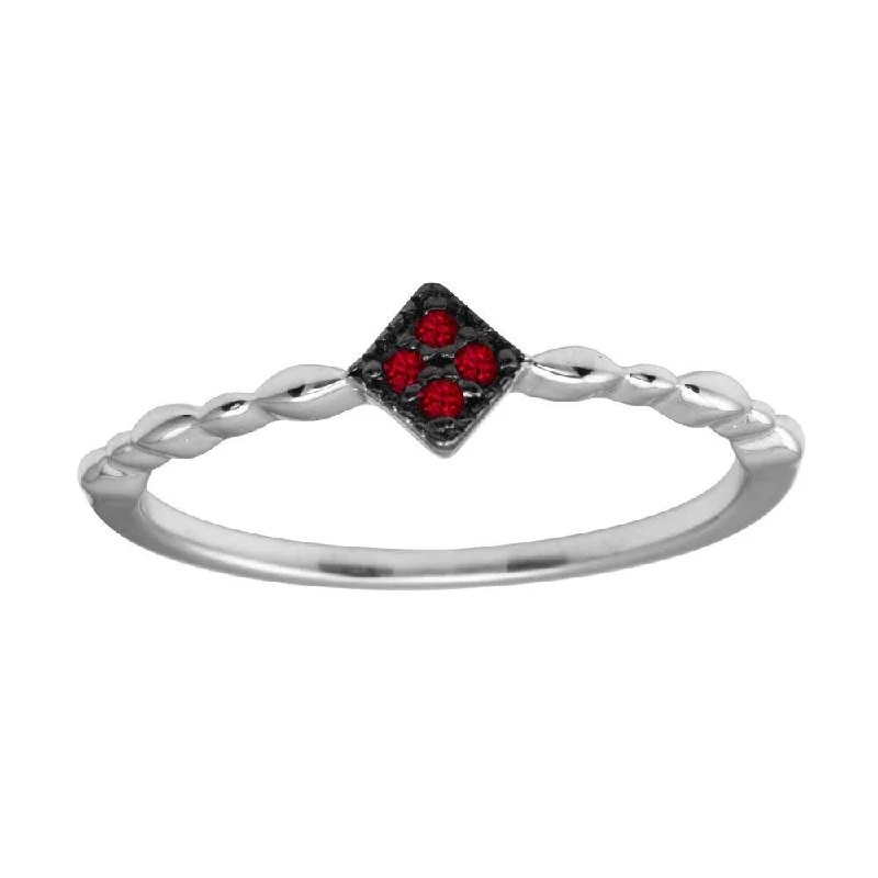 Ladies rings viral fashion picks-Rhodium Plated 925 Sterling Silver Diamond Shape 4 Red CZ Ring - BGR01226RED