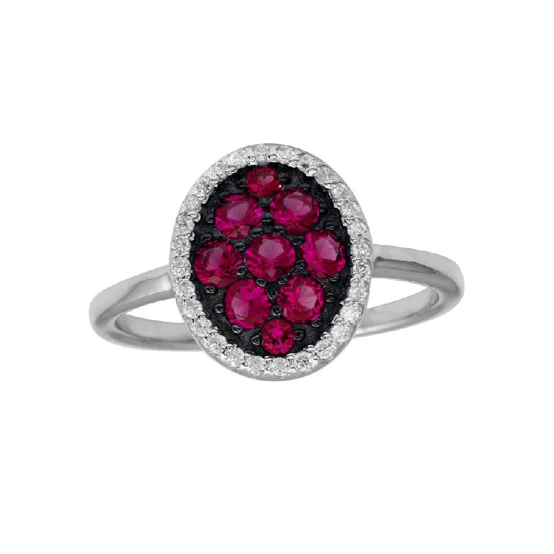 Ladies rings gold-plated finishes-Rhodium Plated 925 Sterling Silver Oval Ring with Red and Clear CZ - BGR01233RED