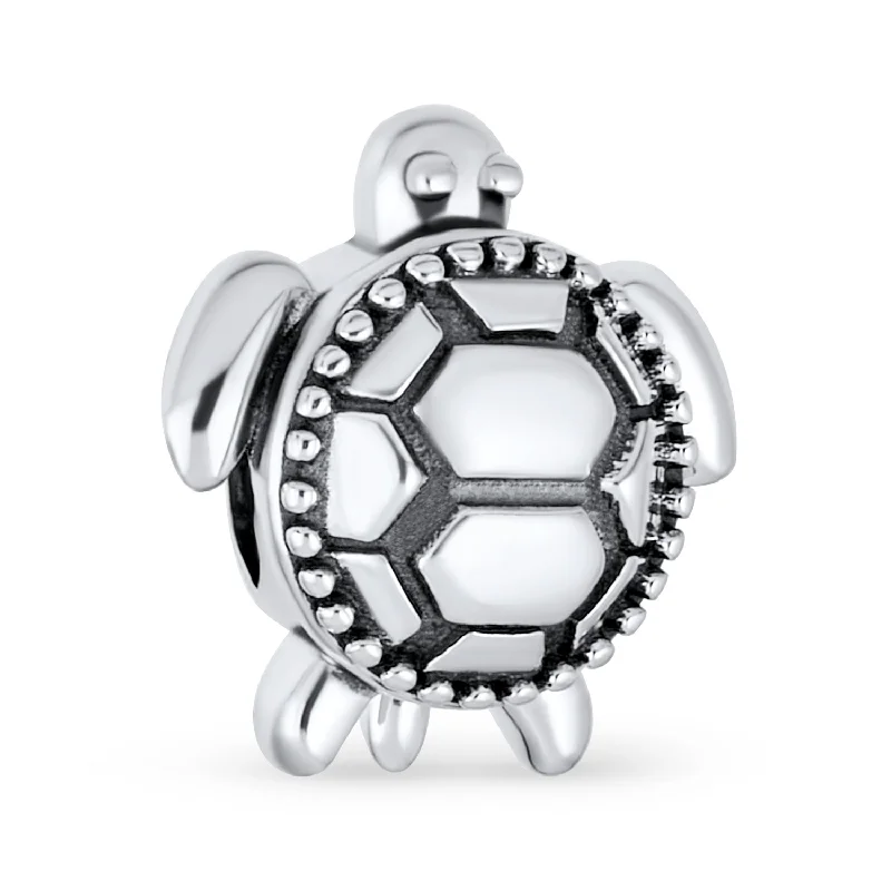 ladies bracelet exclusive-Nautical Sea Turtle Charm Bead in Oxidized Sterling Silver for European Bracelets