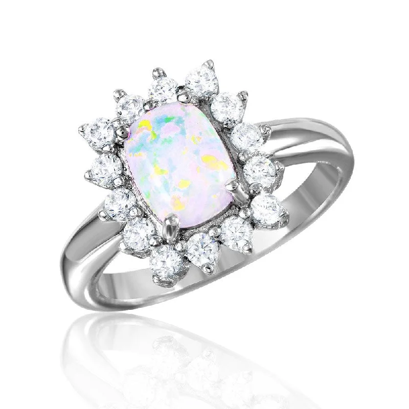 Ladies rings adjustable size options-Silver 925 Rhodium Plated Rectangle Halo Ring with Synthetic Opal Center - BGR01030