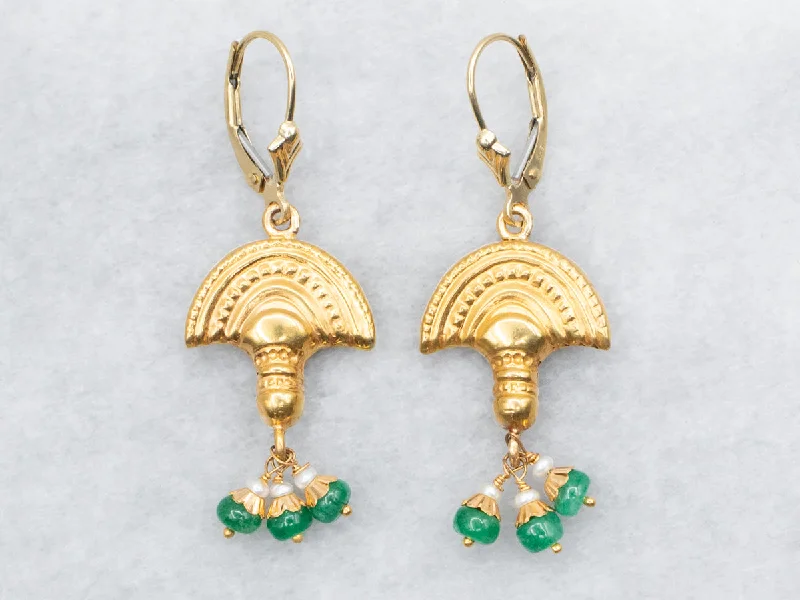 Ladies earrings luxury brand picks-Yellow Gold Drop Earrings with Emerald and Seed Pearl Accents