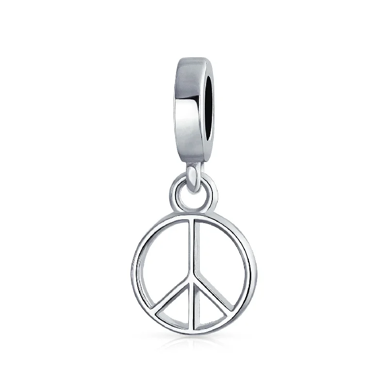 ladies bracelet trendy gold-Inspirational World Peace Sign Dangle Charm Bead Sterling Silver for Bracelets