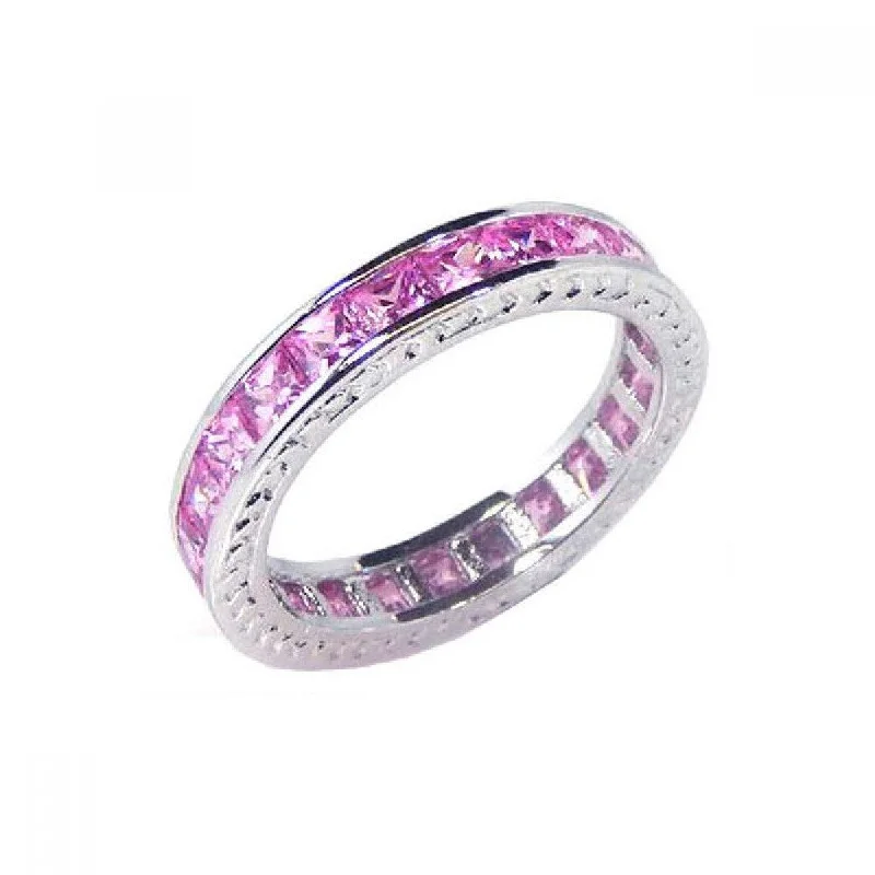 Ladies rings fabric wrap designs-Silver 925 Rhodium Plated Channel Set Pink Square CZ Eternity Ring - BGR00056