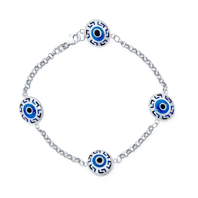 ladies bracelet exclusive-Turkish Evil Eye Chain Link Bracelet Greek Motif Sterling Silver 7.5 Inch