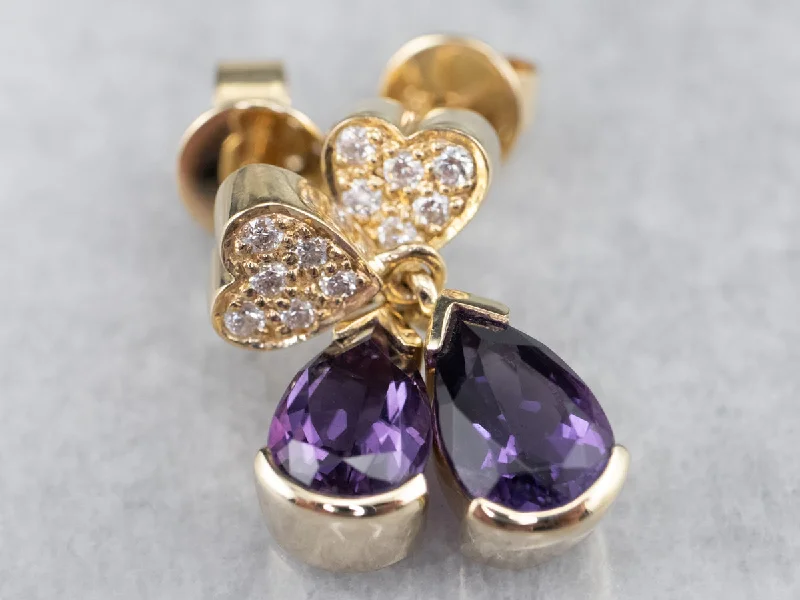 Ladies earrings Edwardian charm designs-Sweetheart Amethyst and Diamond Drop Earrings