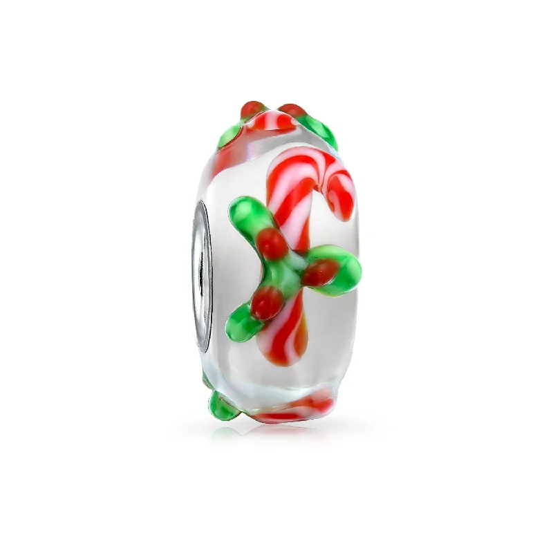 ladies bracelet geometric-Christmas Charm Bead Red Candy Cane Peppermint Murano Glass for Bracelets