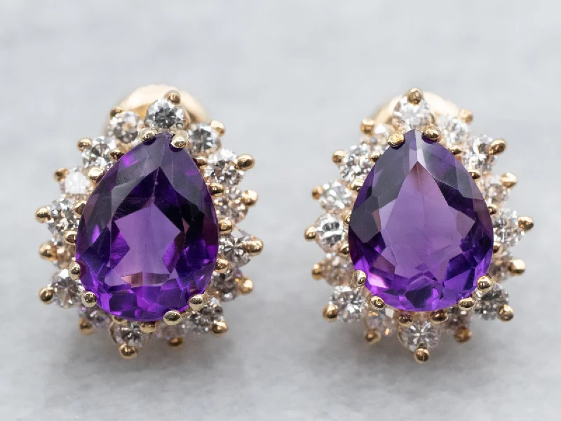 Ladies earrings rococo elegance earrings-Amethyst Diamond Halo Stud Earrings