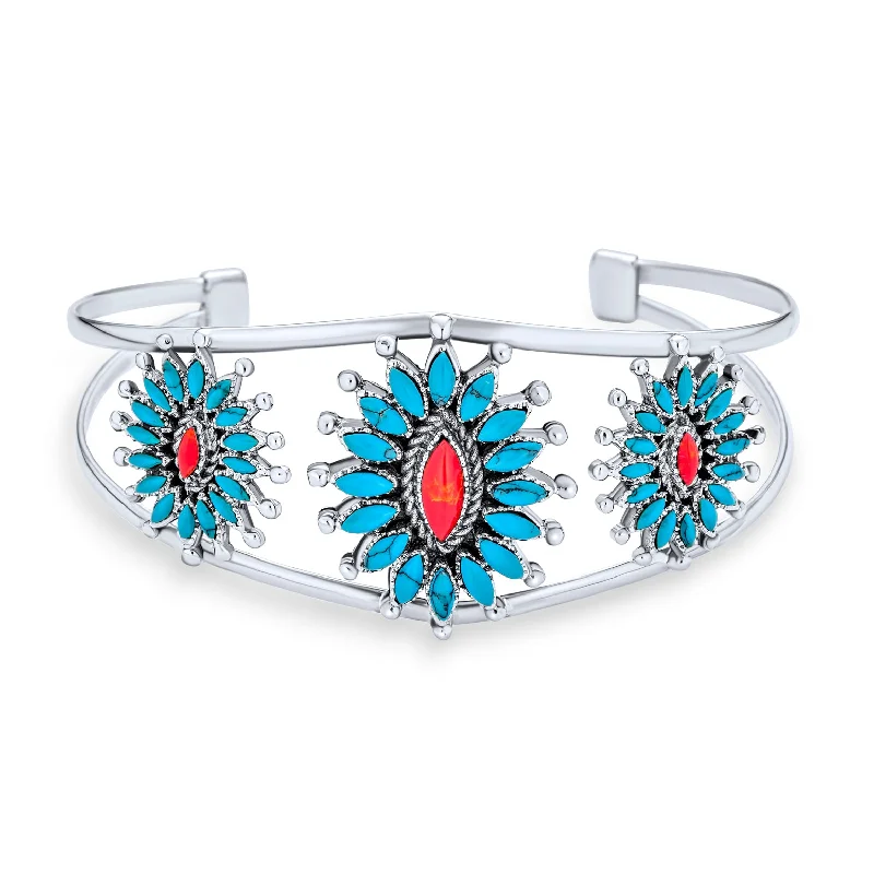 ladies bracelet heart-shaped-Southwestern Navajo Style Coral Turquoise Zuni Flower Cuff Bracelet Sterling Silver