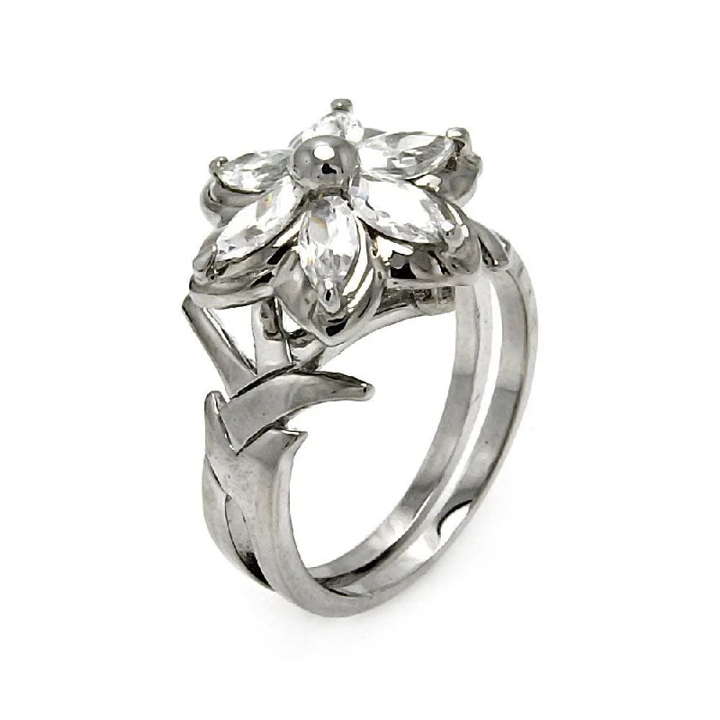 Ladies rings ombre effect designs-Silver 925 Rhodium Plated CZ Flower Ring - STR00138